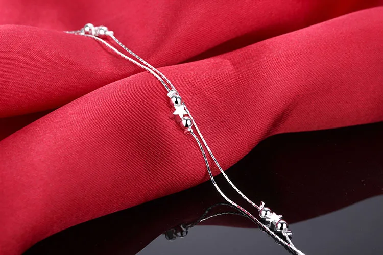 Women's Two Layers Polish Star Beads Charm 925 Sterling Silver Anklet Leg Chain Summer Jewelry Ankle Bracelets Wholesales