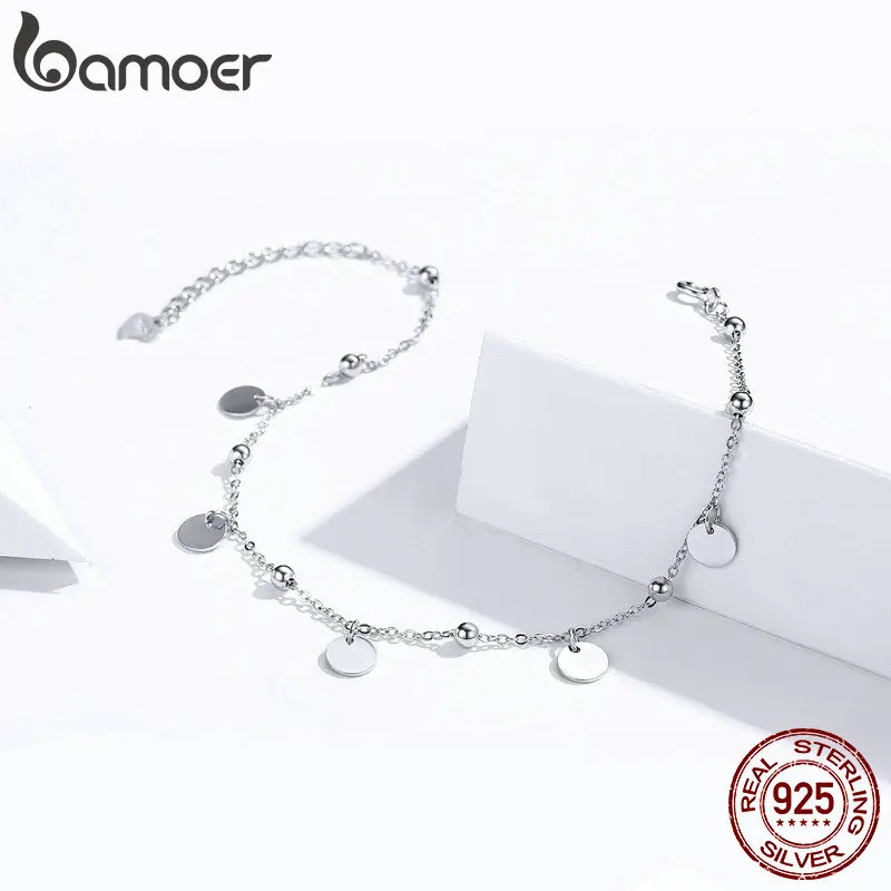 bamoer Silver Beads Anklets 925 Sterling Silver Geometric Minimalist Summer Fashion Foot Jewelry Bracelet for Ankle  SCT011Produ