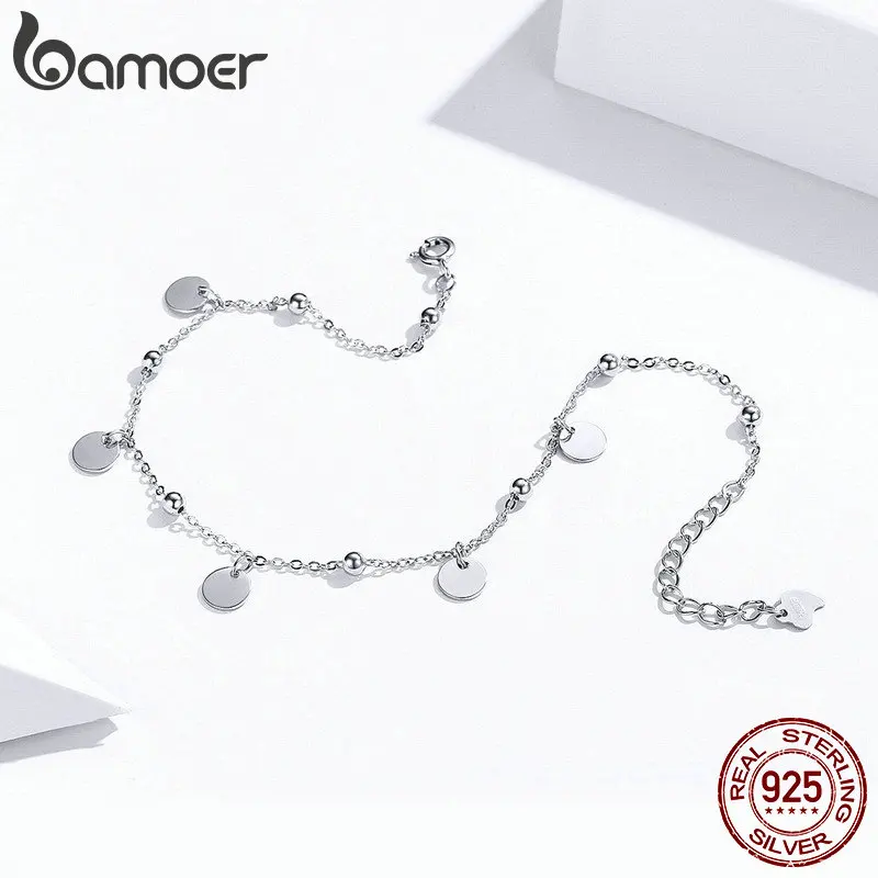 bamoer Silver Beads Anklets 925 Sterling Silver Geometric Minimalist Summer Fashion Foot Jewelry Bracelet for Ankle  SCT011Produ