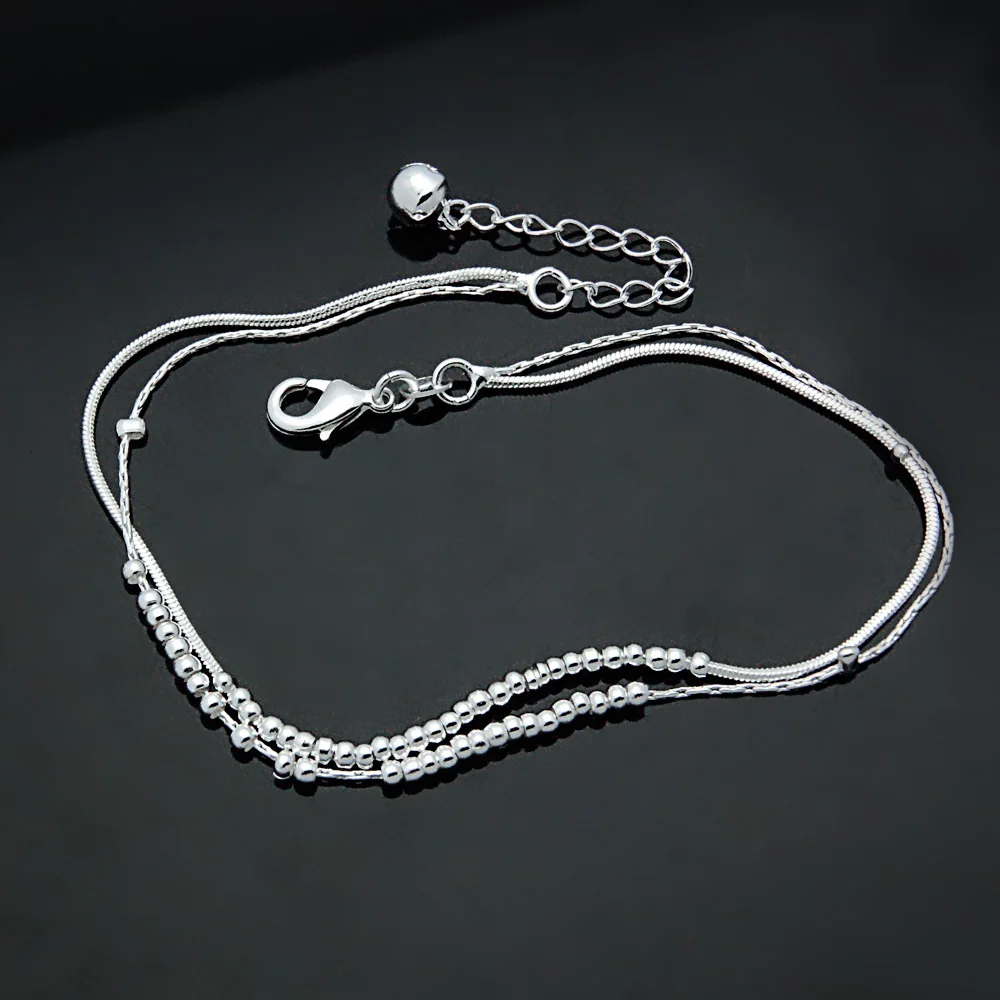 Women's Summer 925 Silver Double Bead Anklet Beach Party Jewelry Sandals Ankle Silver Bracelet Girl Birthday Gift Tornozeleira