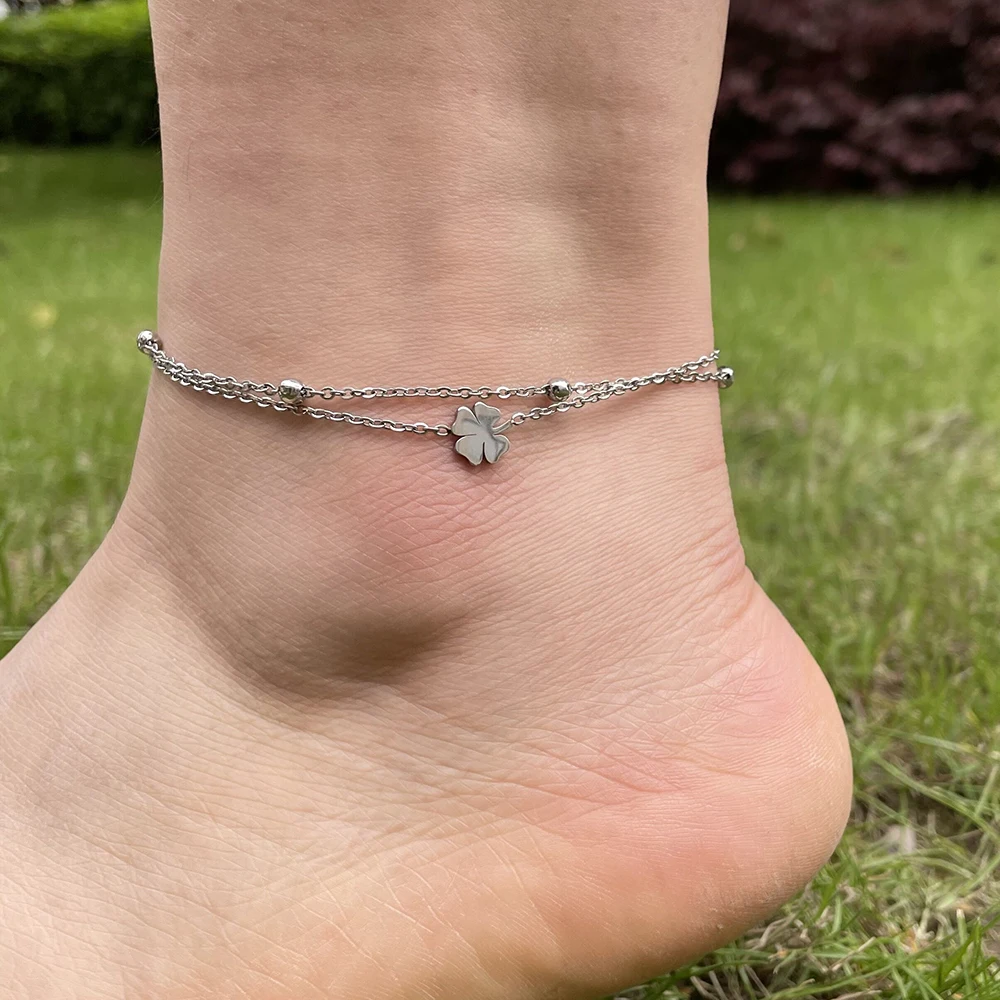Cazador Clover Cross Double Chain Leg Ankle Bracelet Heart Anklet Stainless Steel Barefoot Chain Jewelry Women Bridesmaid GiftsP