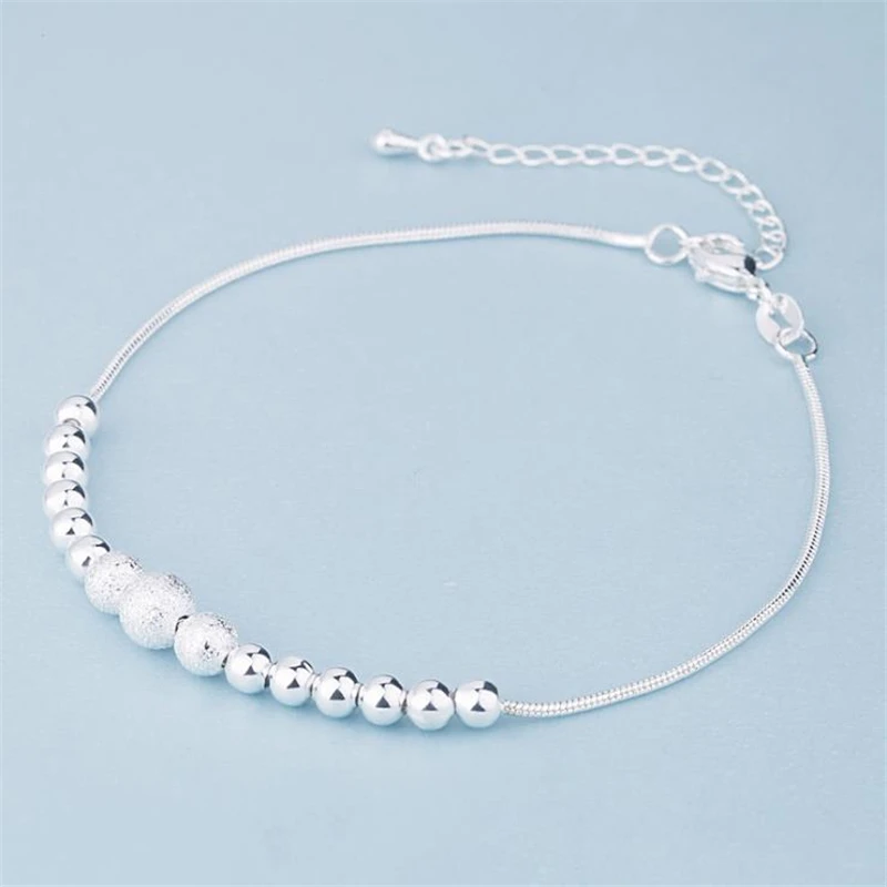 KOFSAC Fashion 925 Sterling Silver Anklets for Women Beach Jewelry Female Frosted Beads Bangle Bracelets For Girls Summer Gifts