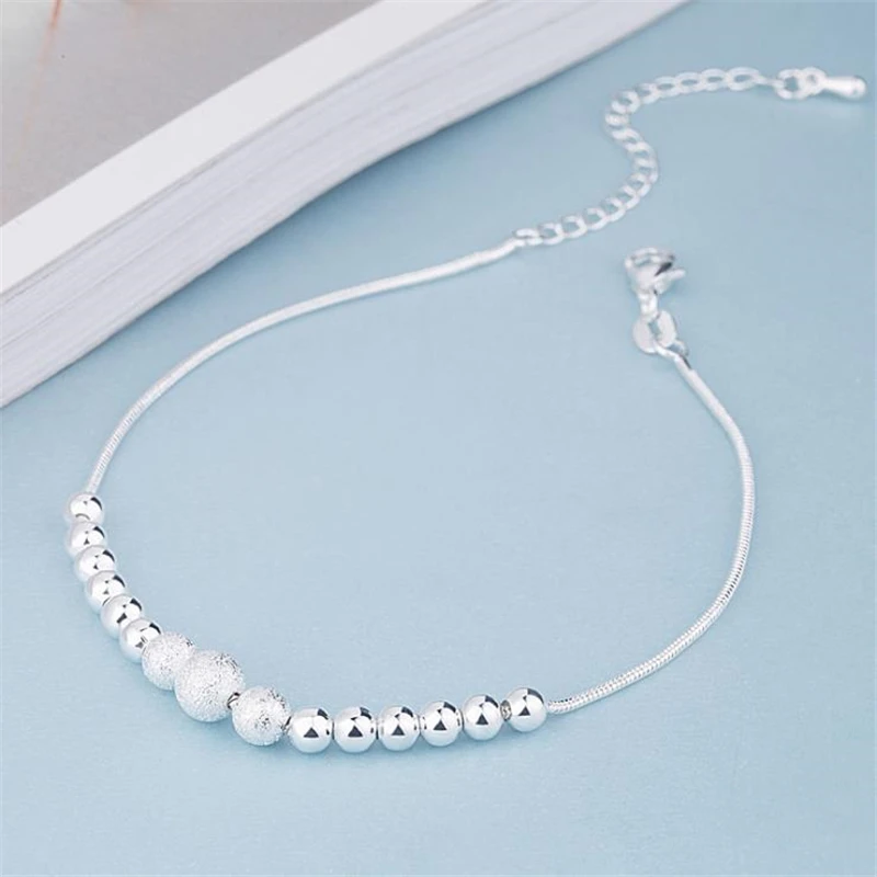 KOFSAC Fashion 925 Sterling Silver Anklets for Women Beach Jewelry Female Frosted Beads Bangle Bracelets For Girls Summer Gifts