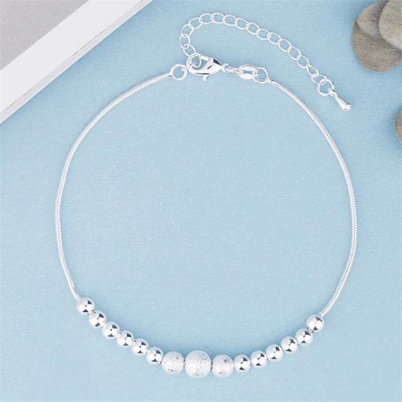 KOFSAC Fashion 925 Sterling Silver Anklets for Women Beach Jewelry Female Frosted Beads Bangle Bracelets For Girls Summer Gifts