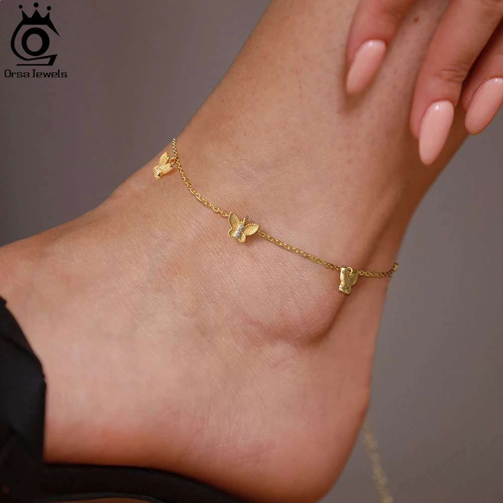 ORSA JEWELS 925 Sterling Silver Butterfly CZ Chain Anklets for Women Fashion 14K Gold Foot Bracelet Ankle Straps Jewelry SA60