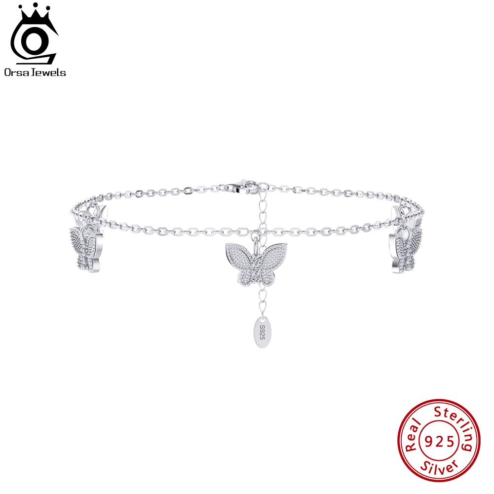ORSA JEWELS 925 Sterling Silver Butterfly CZ Chain Anklets for Women Fashion 14K Gold Foot Bracelet Ankle Straps Jewelry SA60