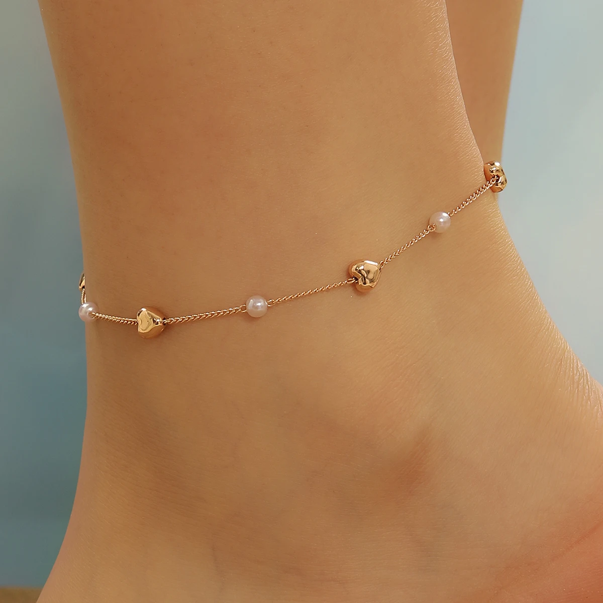 Vintage Heart Pearl Anklet Link Chains Bracelets for Women Girl Jewelry Barefoot Fashion Aesthetic Jewelry Female Birthday Gift