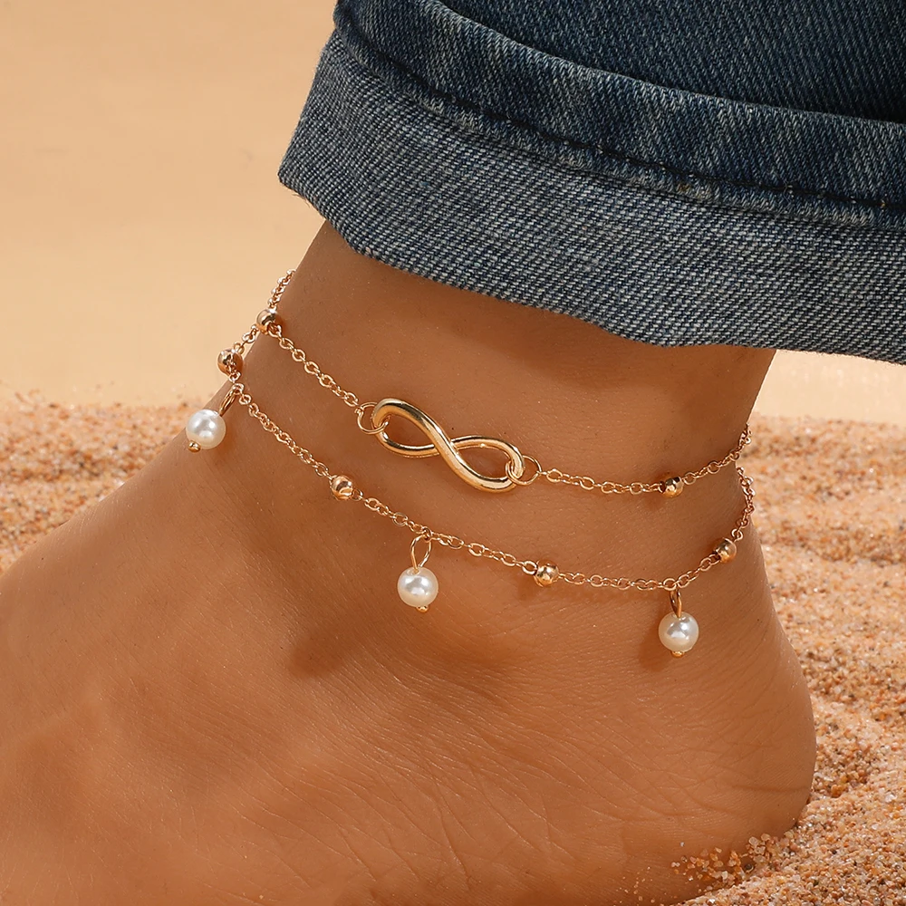 SUMENG Retro Pearl Heart Infinity Double-Deck Anklet Bracelet Set  For Women Fashion Bohemia Foot Beach Anklets Chain Jewelry