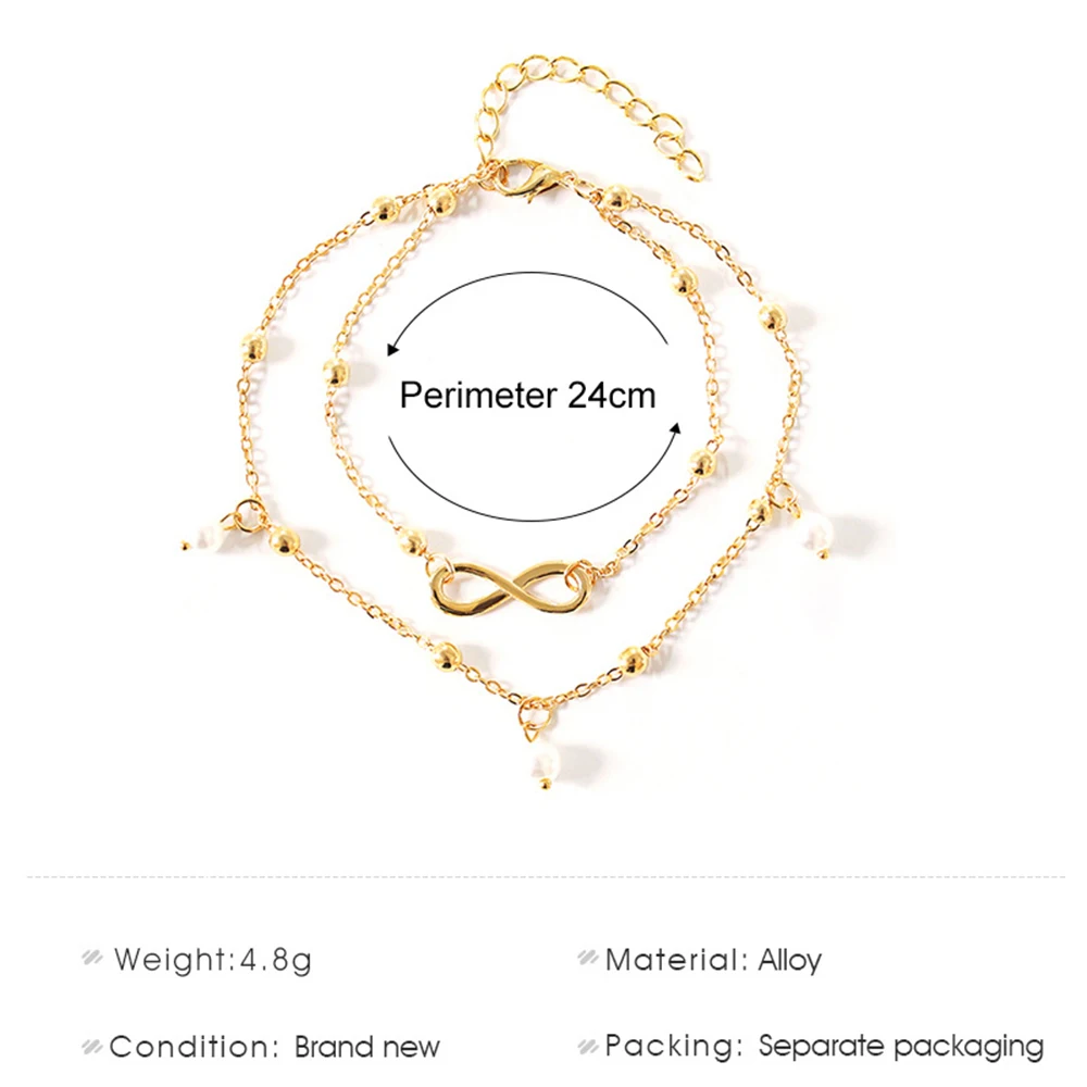 SUMENG Retro Pearl Heart Infinity Double-Deck Anklet Bracelet Set  For Women Fashion Bohemia Foot Beach Anklets Chain Jewelry