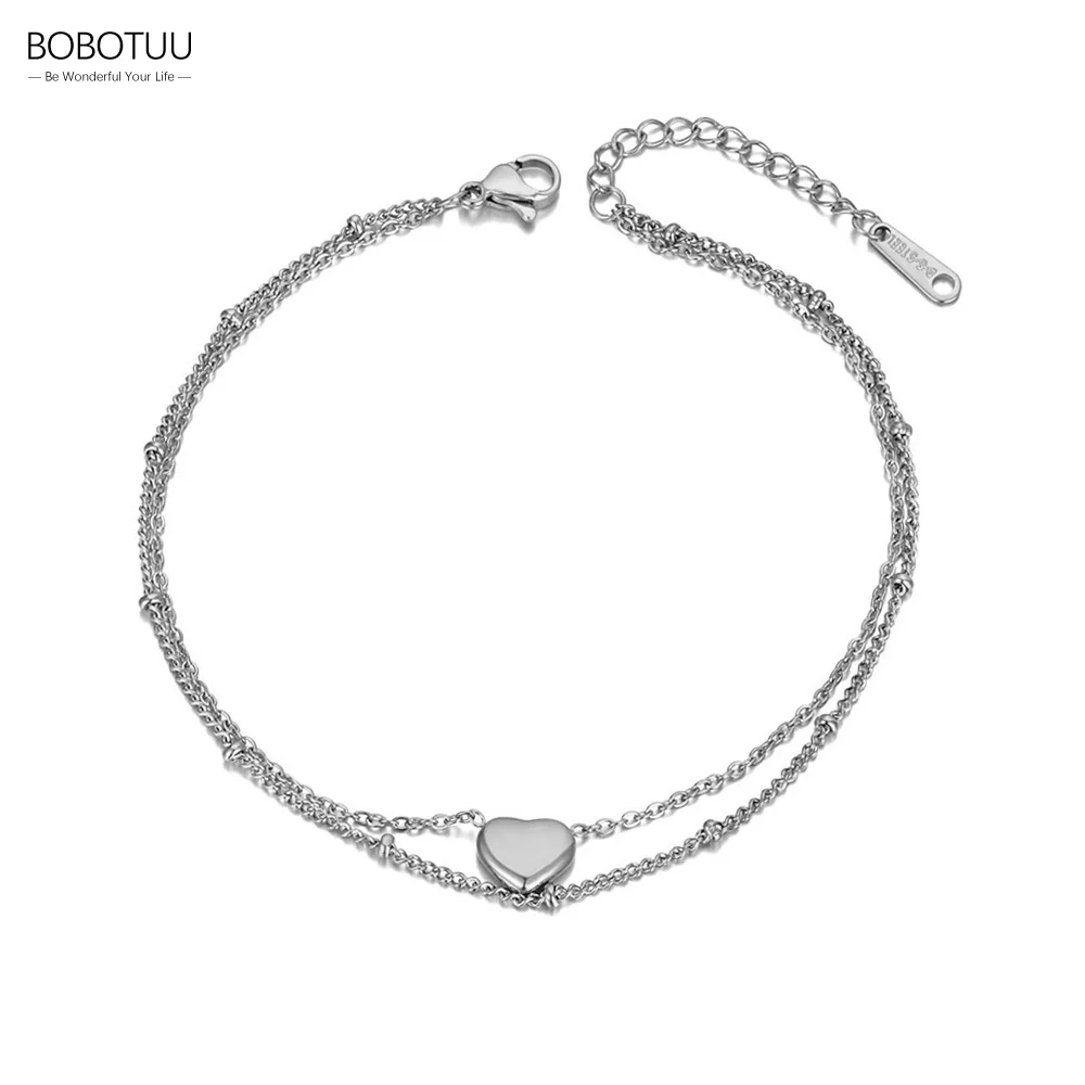 BOBOTUU Bohemia Double Layers Love Heart Charm Anklet For Women Trendy Stainless Steel Link Chain Summer Foot Jewelry BA20013