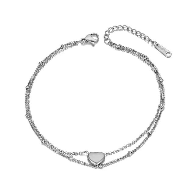 BOBOTUU Bohemia Double Layers Love Heart Charm Anklet For Women Trendy Stainless Steel Link Chain Summer Foot Jewelry BA20013