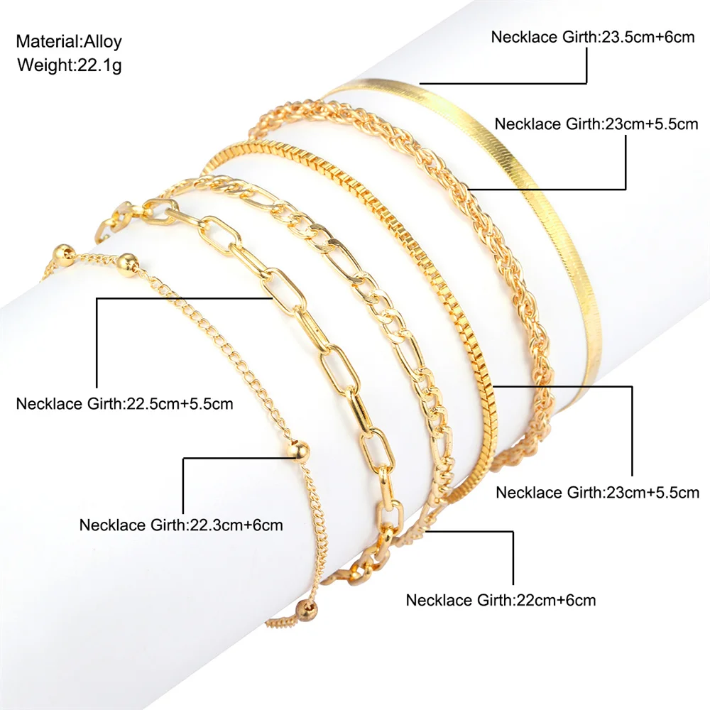 17KM Vintage Snake Chain Gold Color 5Pcs/Set Anklet Simple Twist Beads Anklets for Women Girls Fashion Chains New Trend Jewelry