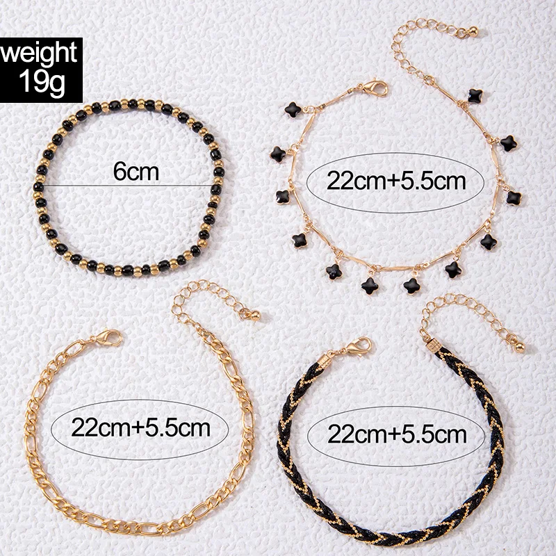 Tocona Simple Black Crystal Stone Anklet Set for Women Girl Charms Black Rope Geometric Multilayer Foot Chains Jewelry 24189
