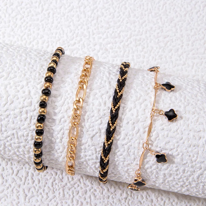 Tocona Simple Black Crystal Stone Anklet Set for Women Girl Charms Black Rope Geometric Multilayer Foot Chains Jewelry 24189
