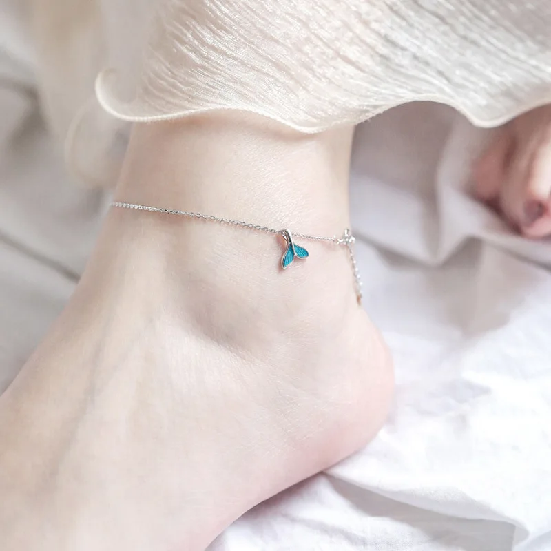 925 Sterling Silver for Women Girls Whale Anklet Trendy Blue Mermaid Tail Chokers Charm Necklaces Earrings Fine Jewelry Gifts
