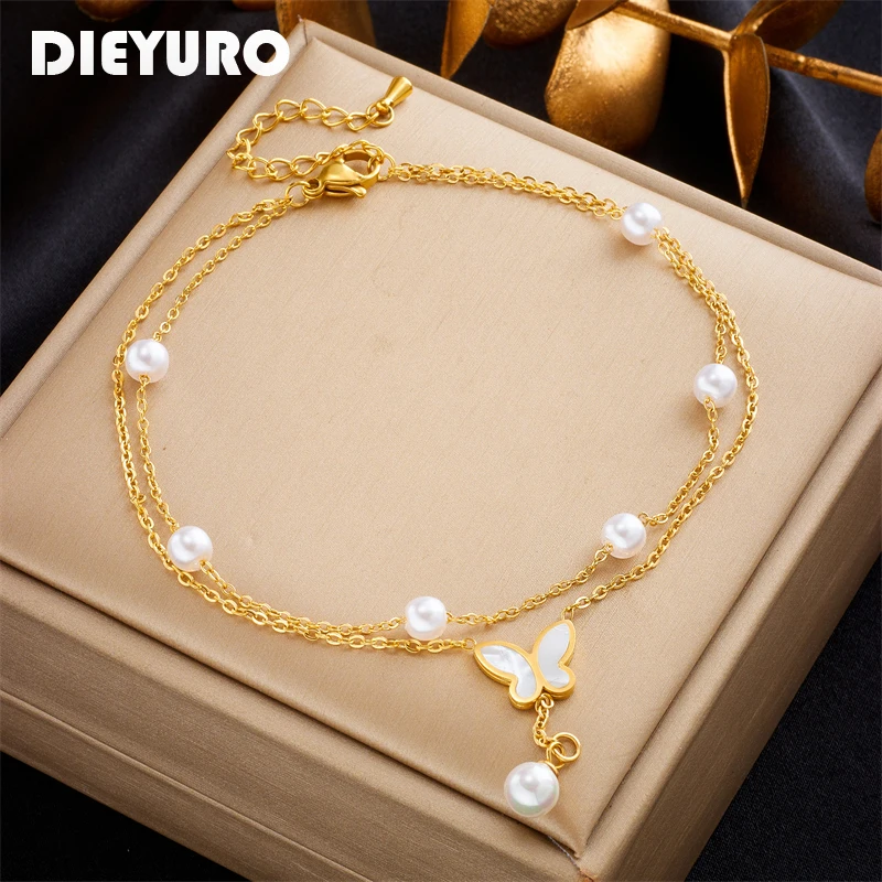DIEYURO 316L Stainless Steel Double Layer Butterfly Pearl Charm Anklets For Women Girl Trend Leg Chain Jewelry Gift Party