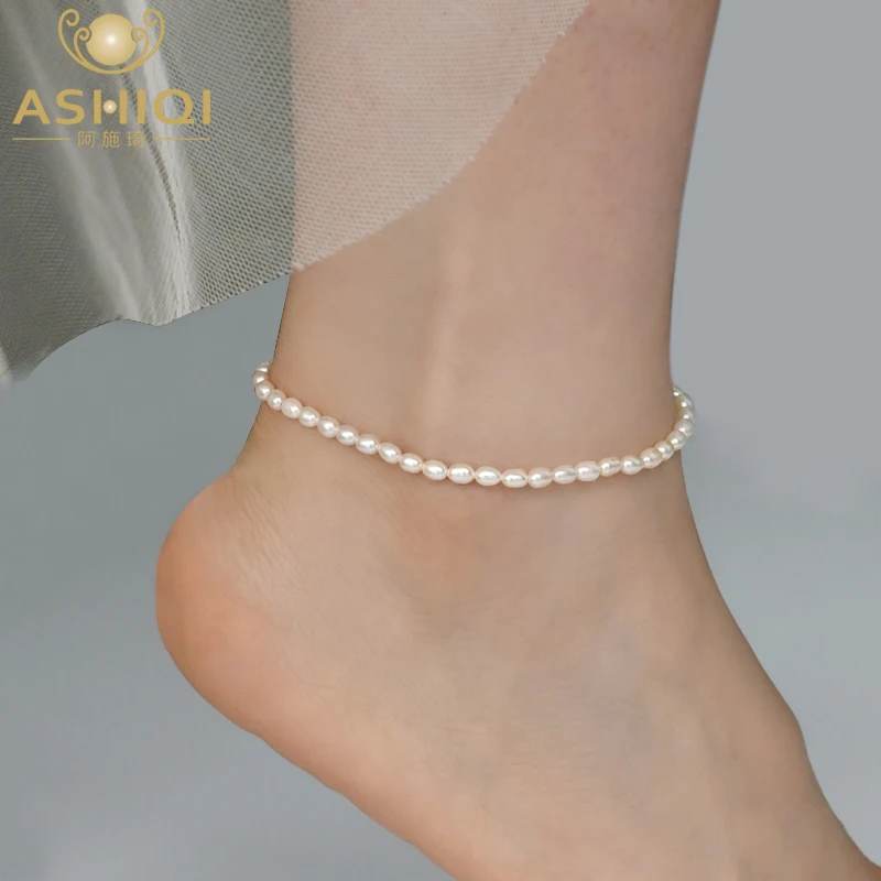 ASHIQI Natural Freshwater Pearl Anklet Lady Elasticity Chain Beach Foot Bracelet Fashion Jewelry for Women Trend