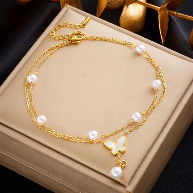 DIEYURO 316L Stainless Steel Double Layer Butterfly Pearl Charm Anklets For Women Girl Trend Leg Chain Jewelry Gift Party