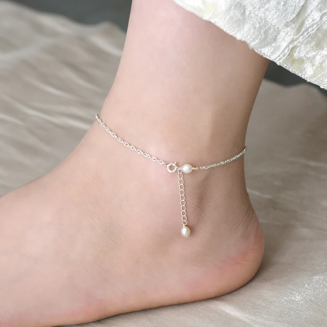 ASHIQI Natural Freshwater Pearl 925 Sterling Silver Anklet Bohemian Vintage Shoes Leg Bracelet for Women Gift
