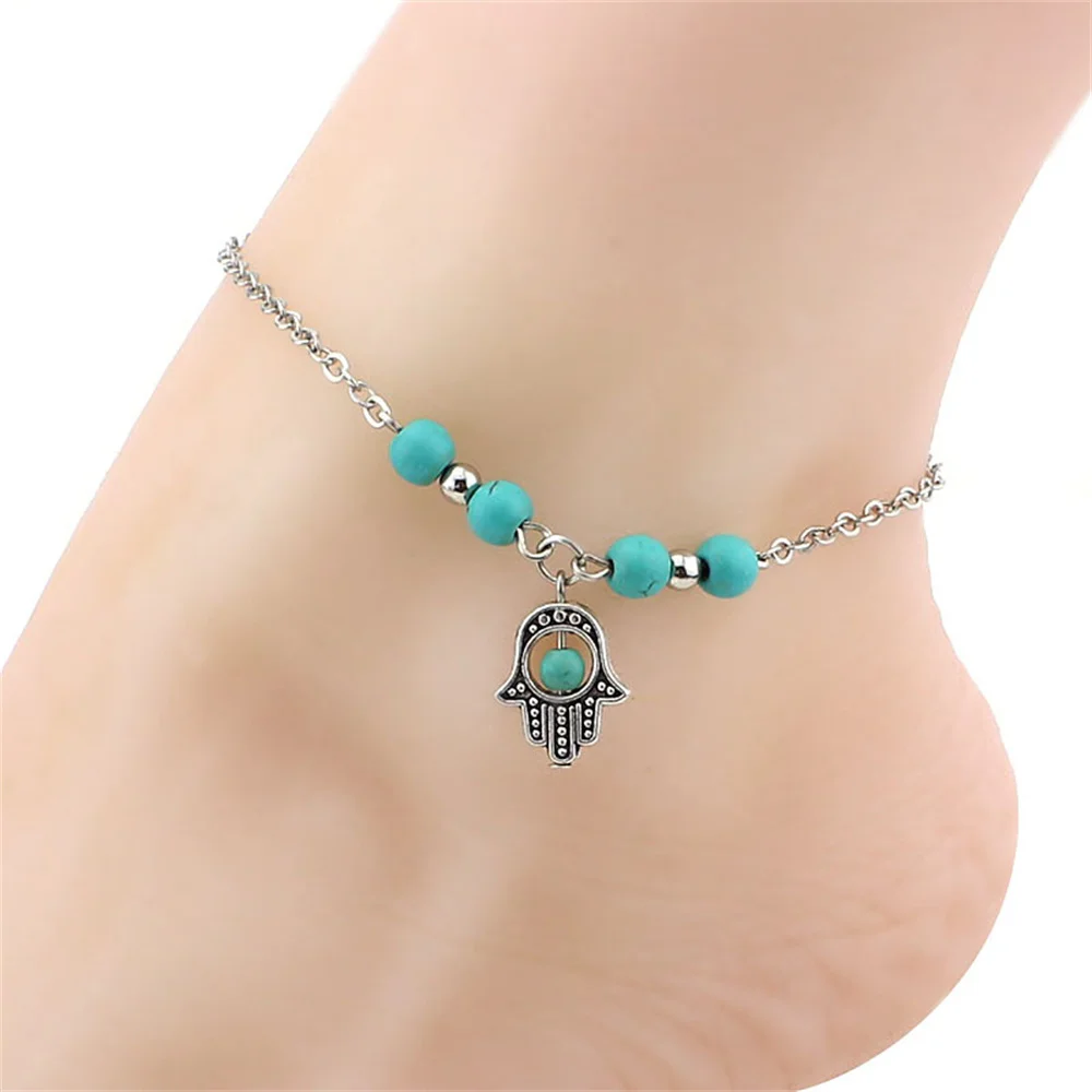 Bohemian Turquoise Beaded Anklets Girls Summer Beach Starfish Cross Turtle Pendant Ankle Bracelets Women Foot Chain Jewelry