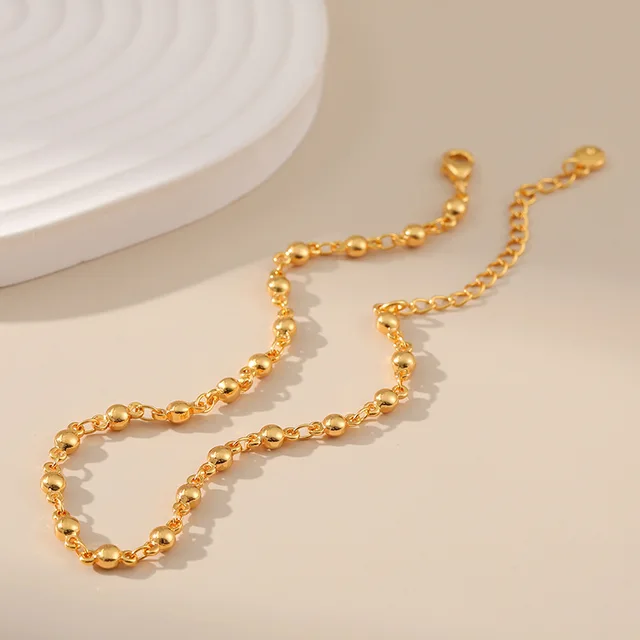 Ladies Simple Gold Color Beads Chain Waterproof Metal Anklets Fancy 18K Gold Plated European Accessories