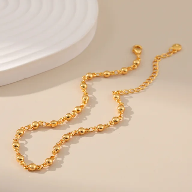 Simple Gold Color Beads Chain Summer Waterproof Metal Women Anklets Fancy 18K Gold Plated European Foot Accessories Nice Jewelry