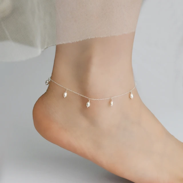 ASHIQI 925 Sterling Silver Natural Freshwater Pearl Anklet  Fashion Women's Foot Jewelry