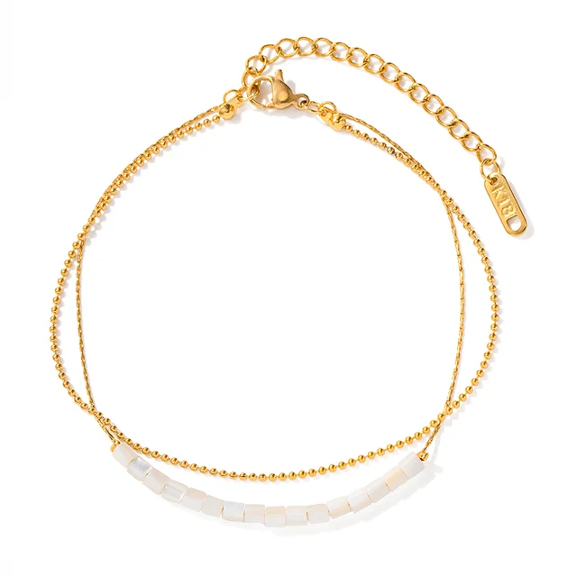 Ladies Creative Double Layer Design Thin Chain Beads Anklet Stainless Steel Waterproof Jewelry