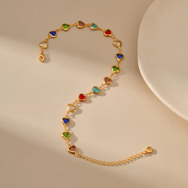 Copper Plated 18K Gold European And American Beach Resort Style Colorful Heart-shaped Zirconia Accessories Anklet Women