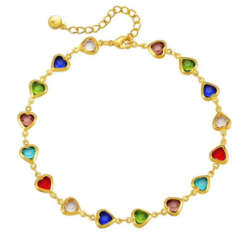 Copper Plated 18K Gold European And American Beach Resort Style Colorful Heart-shaped Zirconia Accessories Anklet Women