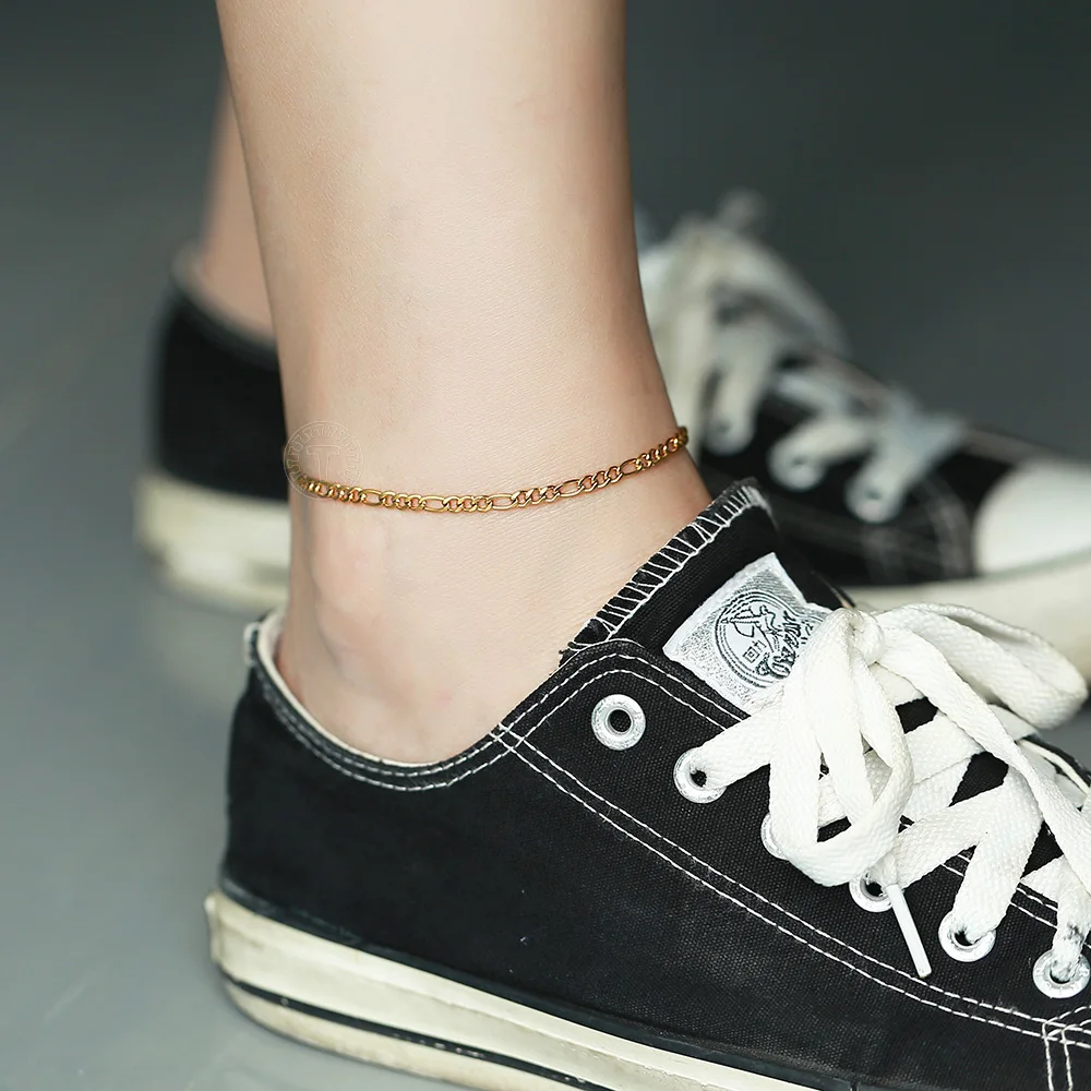Women Minimalist Metal Gold Color Stainless Steel Figaro Rope Curb Link Chain Anklet Jewelry