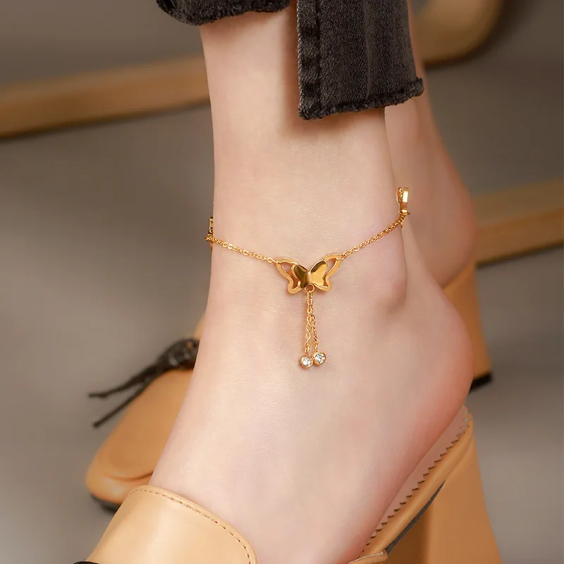 Women Fashion Stainless Steel Gold Color Butterfly Pendant Tassel Zircon Anklets Jewelry