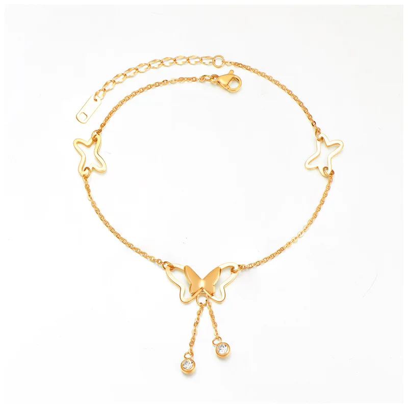 Stainless Steel Gold Color Butterfly Pendant Tassel Anklets Zircon Anklets  Women Fashion Foot Jewelry Gift