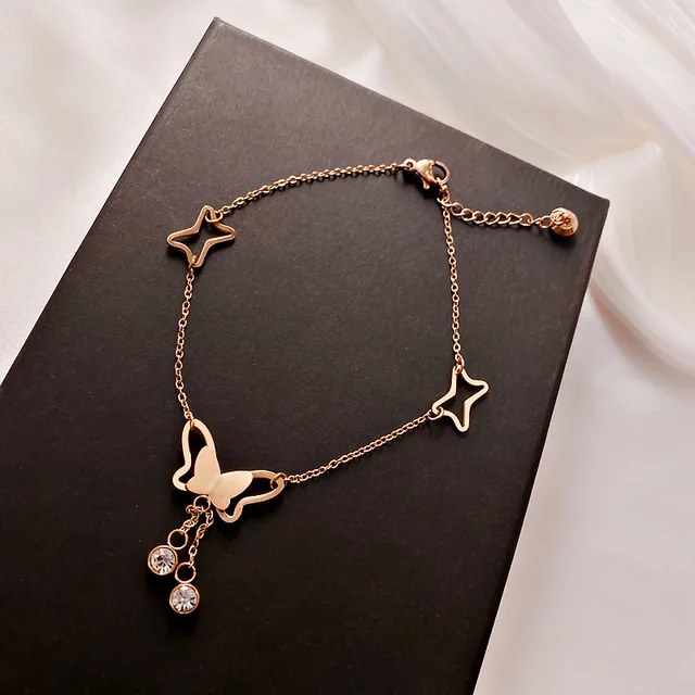 Stainless Steel Gold Color Butterfly Pendant Tassel Anklets Zircon Anklets  Women Fashion Foot Jewelry Gift