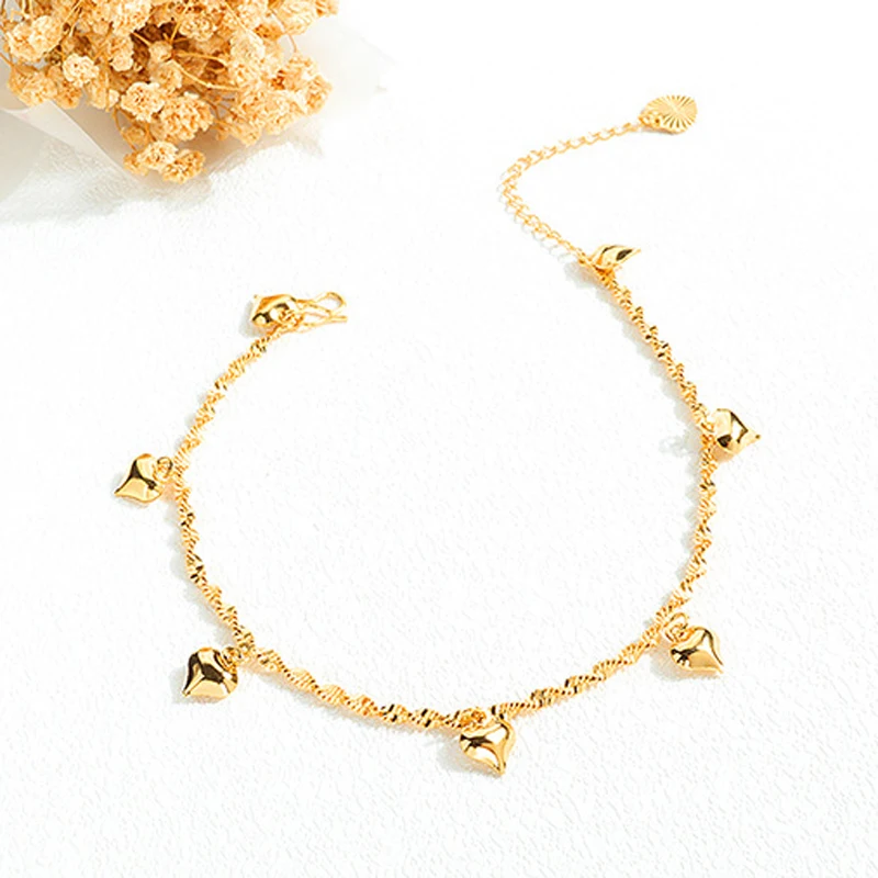 18K Gold Plated Twist Link With Heart Charms Anklet for Women & Teen Girls Foot Jewelry with Extension