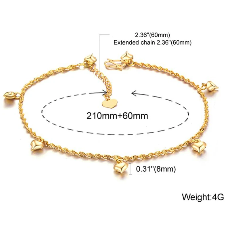 18K Gold Plated Twist Link With Heart Charms Anklet for Women & Teen Girls Foot Jewelry with Extension