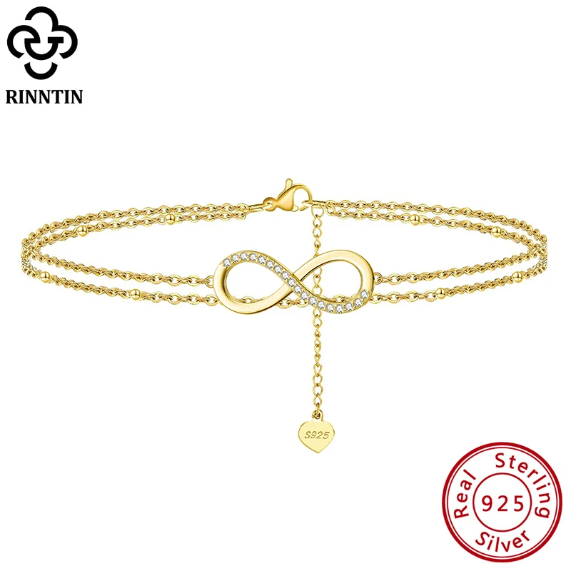 Rinntin 925 Sterling Silver Unique Layered Infinity&Satellite Anklets for Women 14K Gold Foot Bracelet Ankle Straps Jewelry SA16