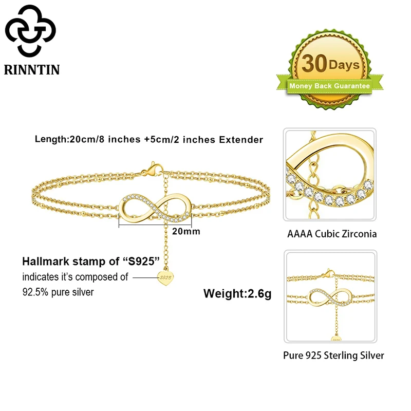 Rinntin 925 Sterling Silver Unique Layered Infinity&Satellite Anklets for Women 14K Gold Foot Bracelet Ankle Straps Jewelry SA16
