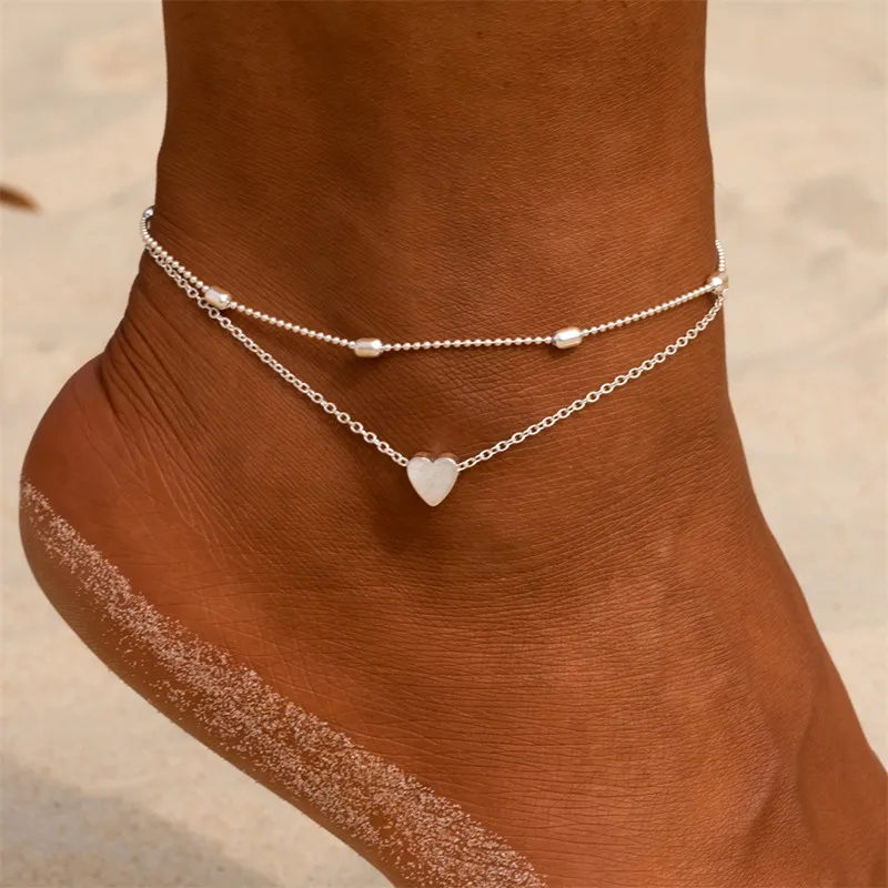 Versatile And Simple Bohemian Anklet Women's Love Transfer Bead Chain Fashion Minority Double-layer Beach Style Wholesale