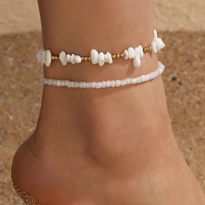 Docona 4pcs/set Charming Shell Broken Stone Anklets Set for Women Adjustable Seed Beaded Bohemia Summer Party Jewelry 9426