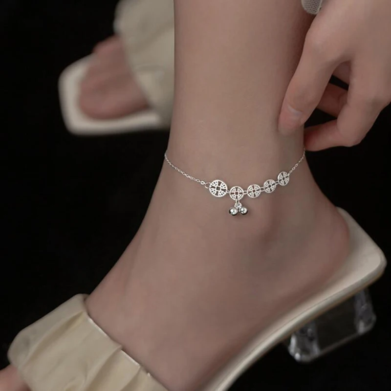 Women Fashion 925 Sterling Silver Beautiful Rose Gold Coin Bell Anklet Jewelry