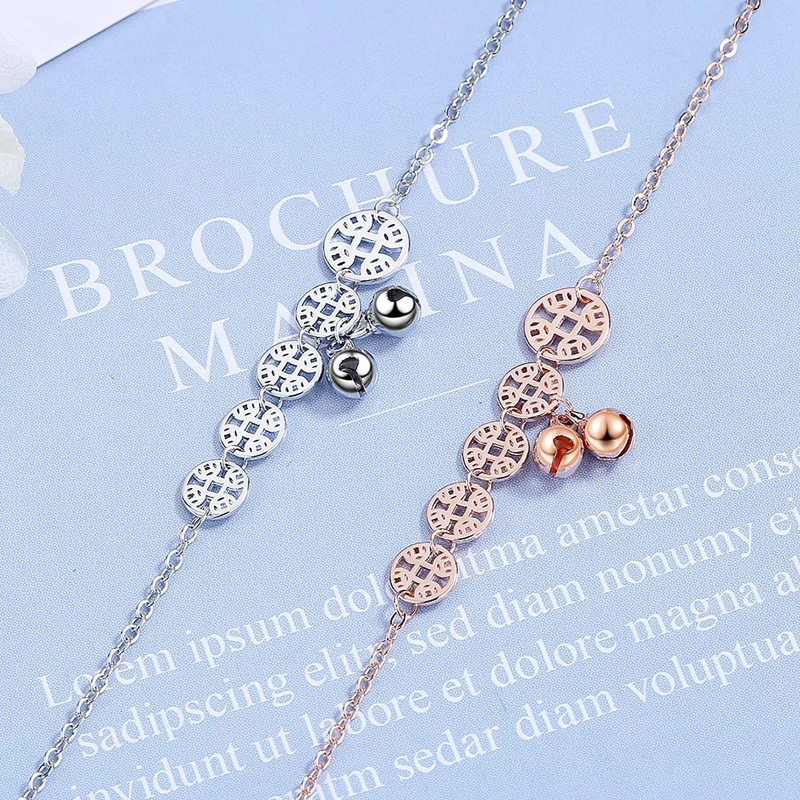 KOFSAC Exquisite 925 Sterling Silver Anklet For Women Fashion Beautiful Rose Gold Coin Bell Ankles Jewelry Girl Lady Gift