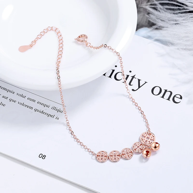 KOFSAC Exquisite 925 Sterling Silver Anklet For Women Fashion Beautiful Rose Gold Coin Bell Ankles Jewelry Girl Lady Gift