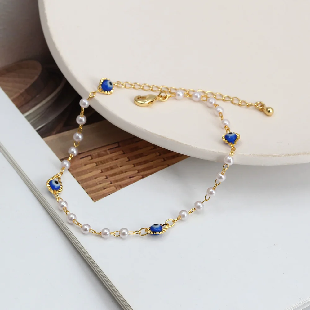Lucky Eye Pearl Bead Foot Chain Anklet Copper Adjustable Blue Evil Eye Charm Beach Anklet for Women Girls Fashion Jewelry BE486