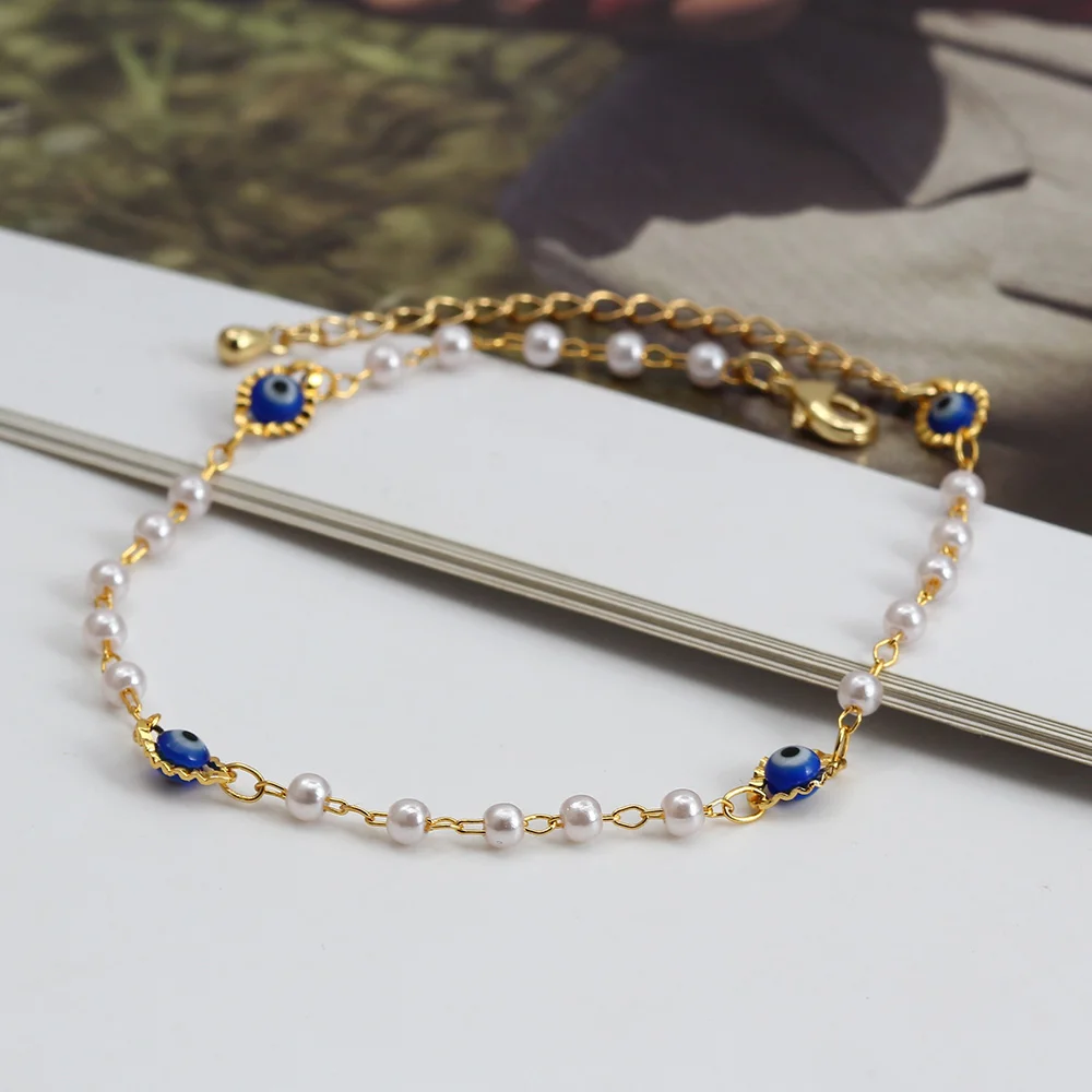 Women Adjustable Lucky Eye Pearl Bead Foot Chain Anklet