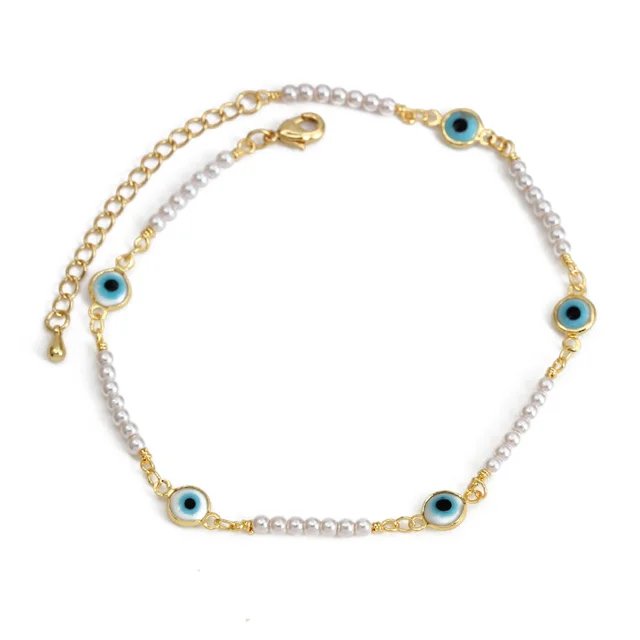 Lucky Eye Pearl Bead Foot Chain Anklet Copper Adjustable Blue Evil Eye Charm Beach Anklet for Women Girls Fashion Jewelry BE486