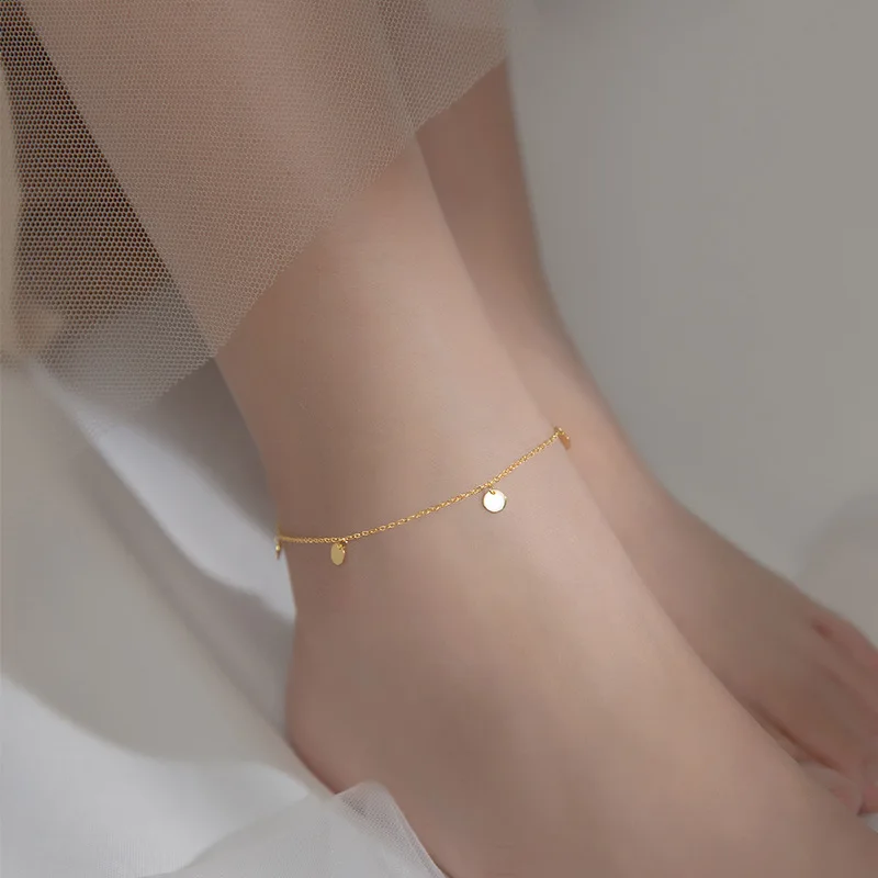 Women's Real 925 Sterling Silver 18K Geometric Round Anklet Fine Jewelry