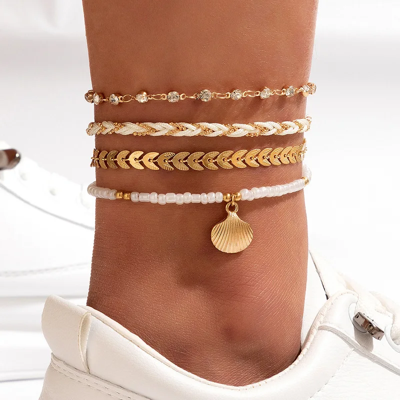 Women's Beaded Anklets Scallop Shell Rope Feet Bracelets Barefoot Jewelry 3pcs/sets