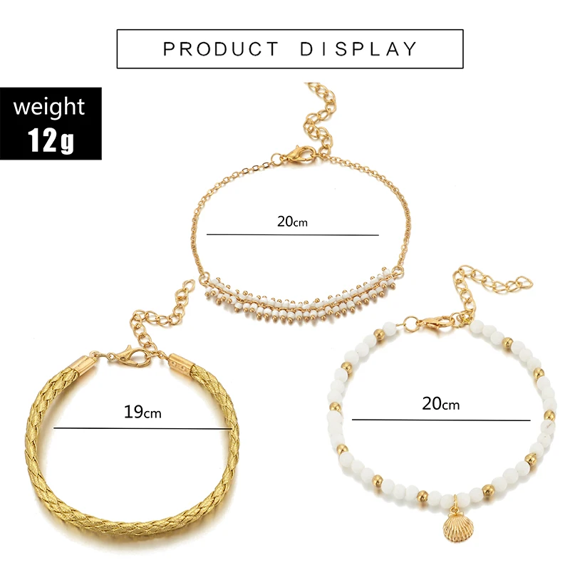 Tocona White Beaded Anklets for Women Gold Color Scallop Shell Rope Feet Bracelets Barefoot Sandals Summer Jewelry 3pcs/sets