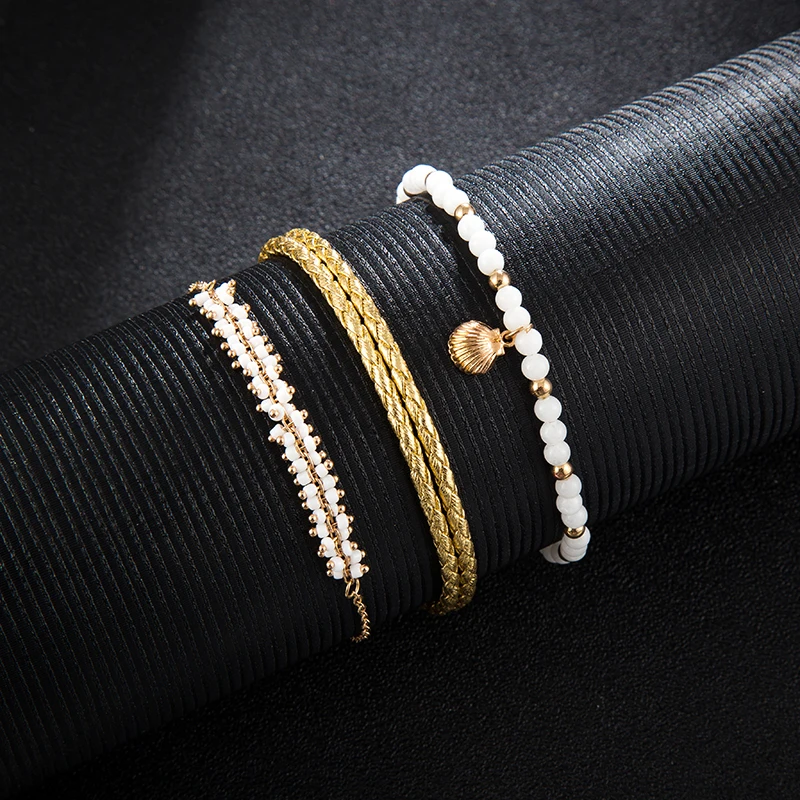 Tocona White Beaded Anklets for Women Gold Color Scallop Shell Rope Feet Bracelets Barefoot Sandals Summer Jewelry 3pcs/sets